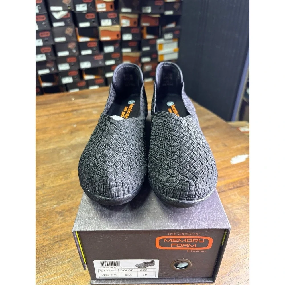 Bernie Mev Yael Fly Black Woven Elastic Wedge Shoes Size 38 US 7.5-8